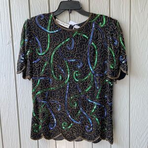 VTG Scala Silk Beaded Sequin Top Marti Gras Holiday Glam LG